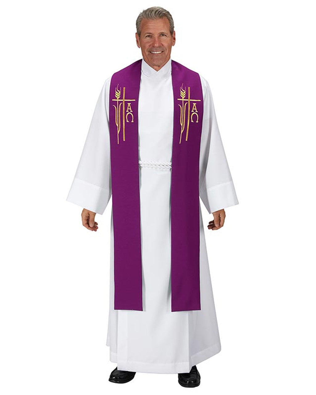 Man wearing a white robe with a purple stole on a white background