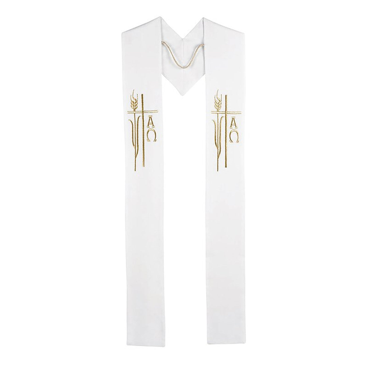 White liturgical vestment with gold embroidery on a white background