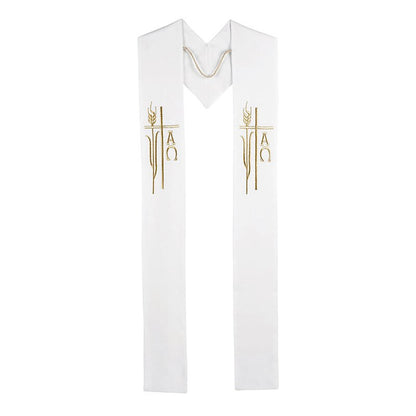 White liturgical vestment with gold embroidery on a white background
