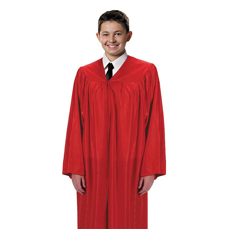 Person wearing a red choir gown on a white background