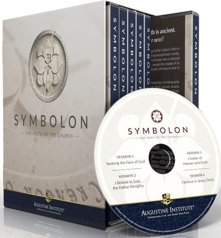 Symbolon educational resource set with books and a disc on a reflective surface