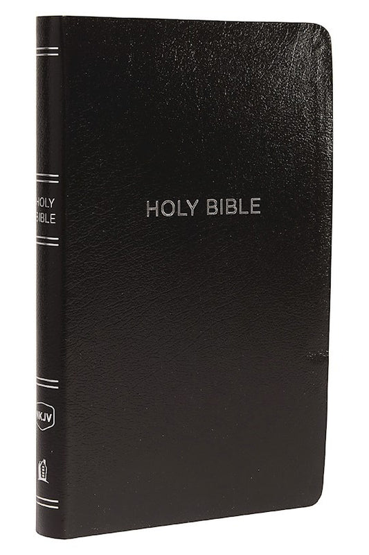 Black leather-bound New King James Thinline Reference Bible with gold lettering and page edges.