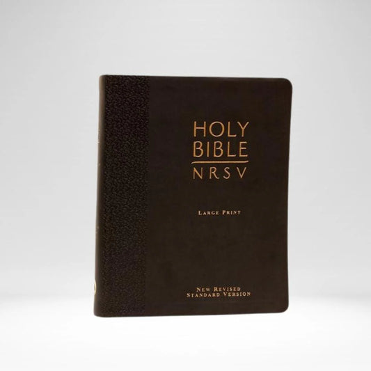 Brown Bible with 'HOLY BIBLE NRSV' text on a white background