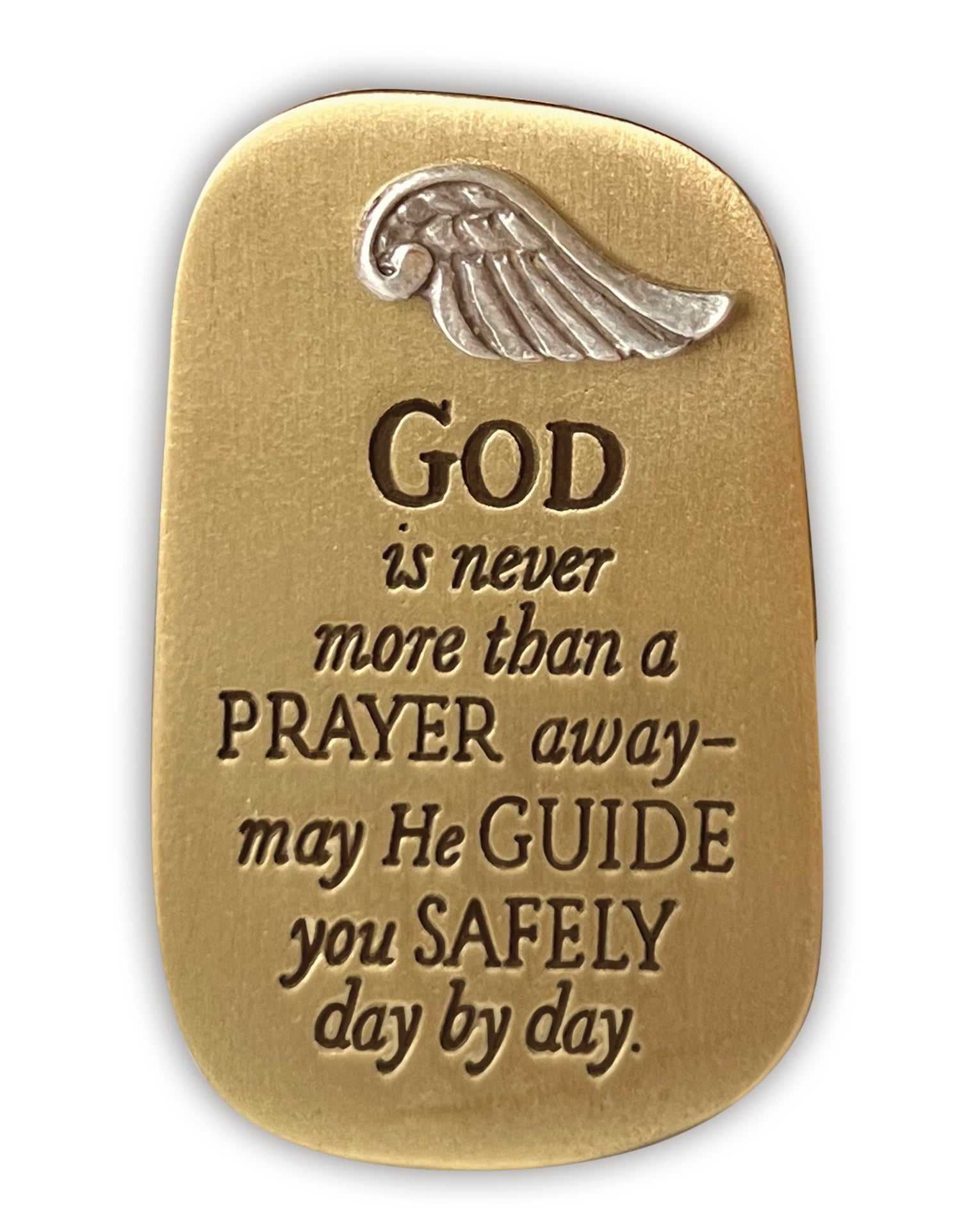 Gold plaque with engraved text and a wing symbol on a white background