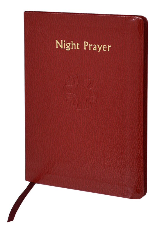 A red book with the title 'Night Prayer' embossed on the cover, along with a Christian cross motif.