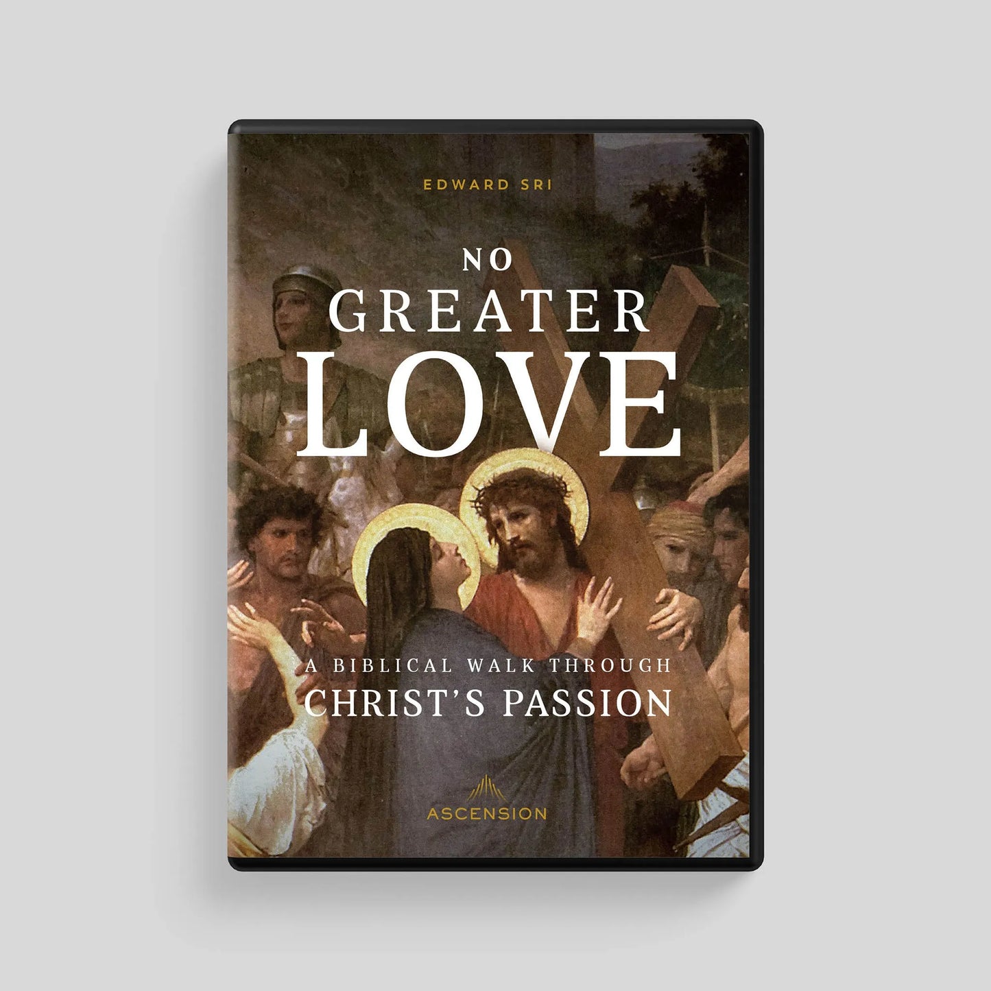 DVD cover of 'No Greater Love' with religious imagery on a gray background