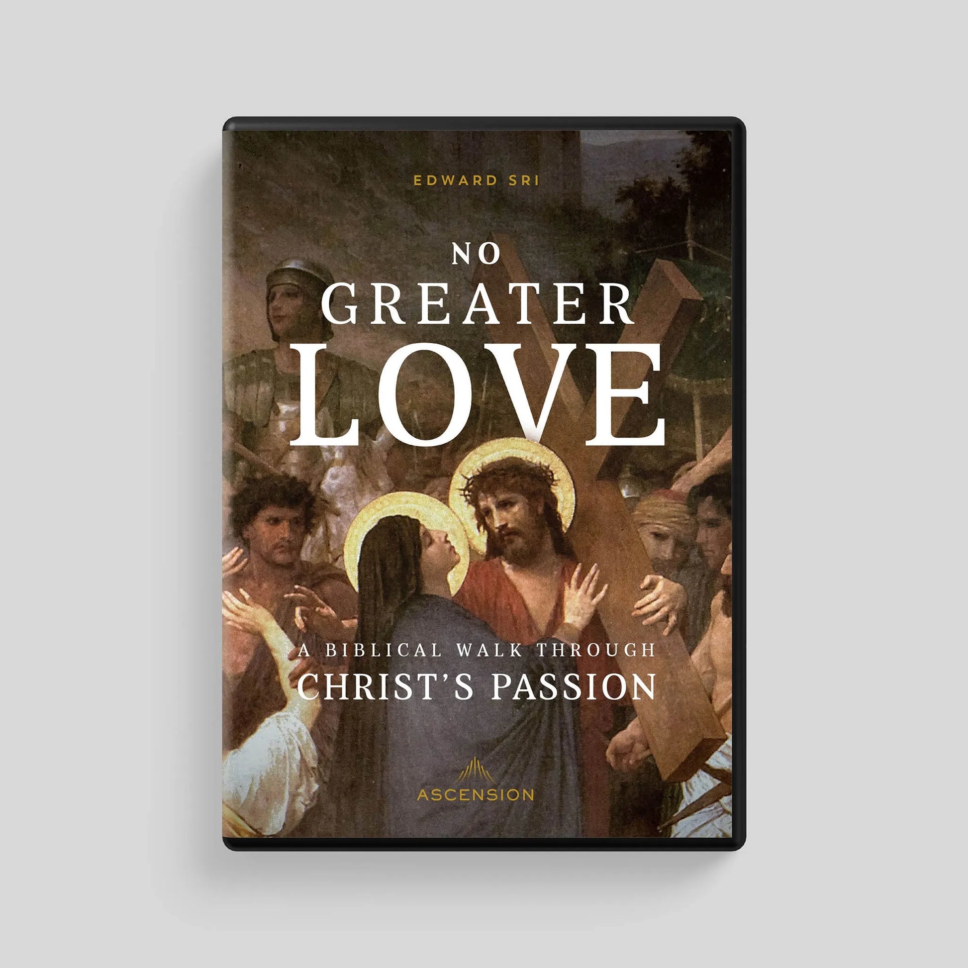 DVD cover of 'No Greater Love' with religious imagery on a gray background