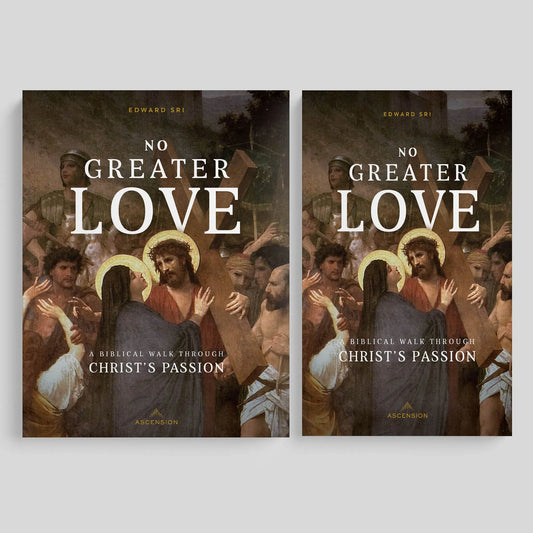 Two book covers of 'No Greater Love' by Edward Sri on a light gray background