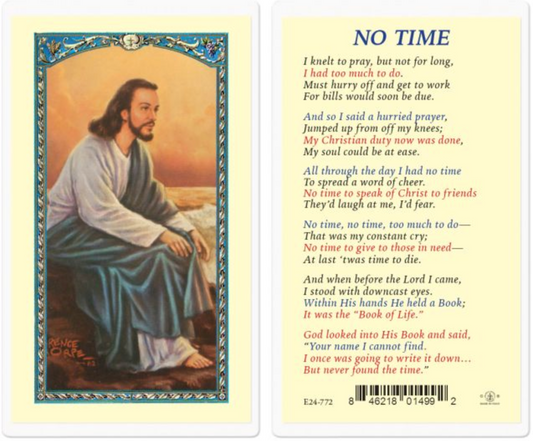 Card with a religious illustration of a man sitting and a poem on a yellow background