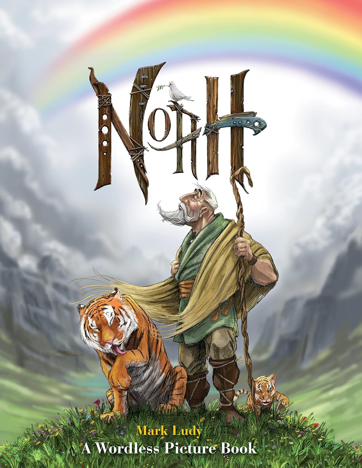 Book cover of 'Noah' by Mark Ludy with a rainbow, mountains, and a man with animals.