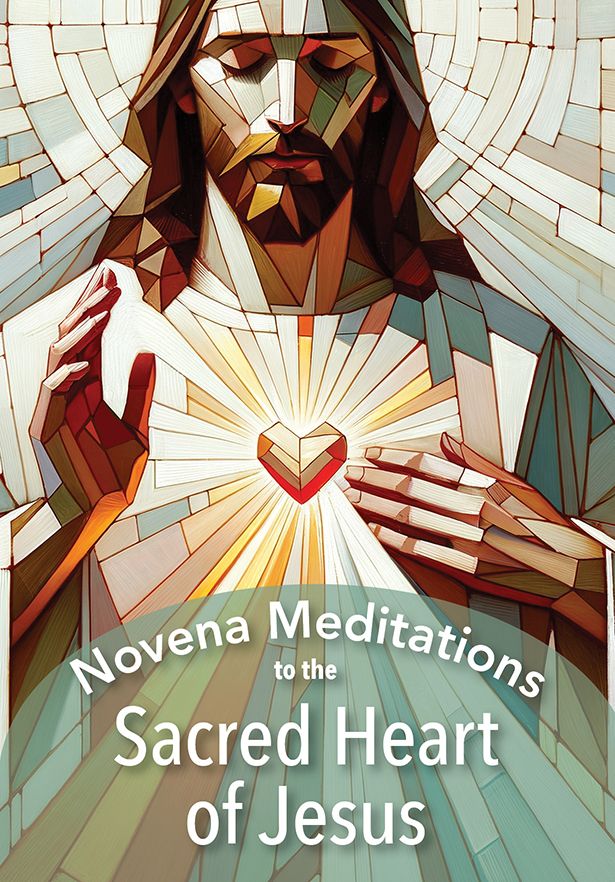 Cover of 'Novena Meditations to the Sacred Heart of Jesus' with a stylized depiction of Jesus holding a heart.