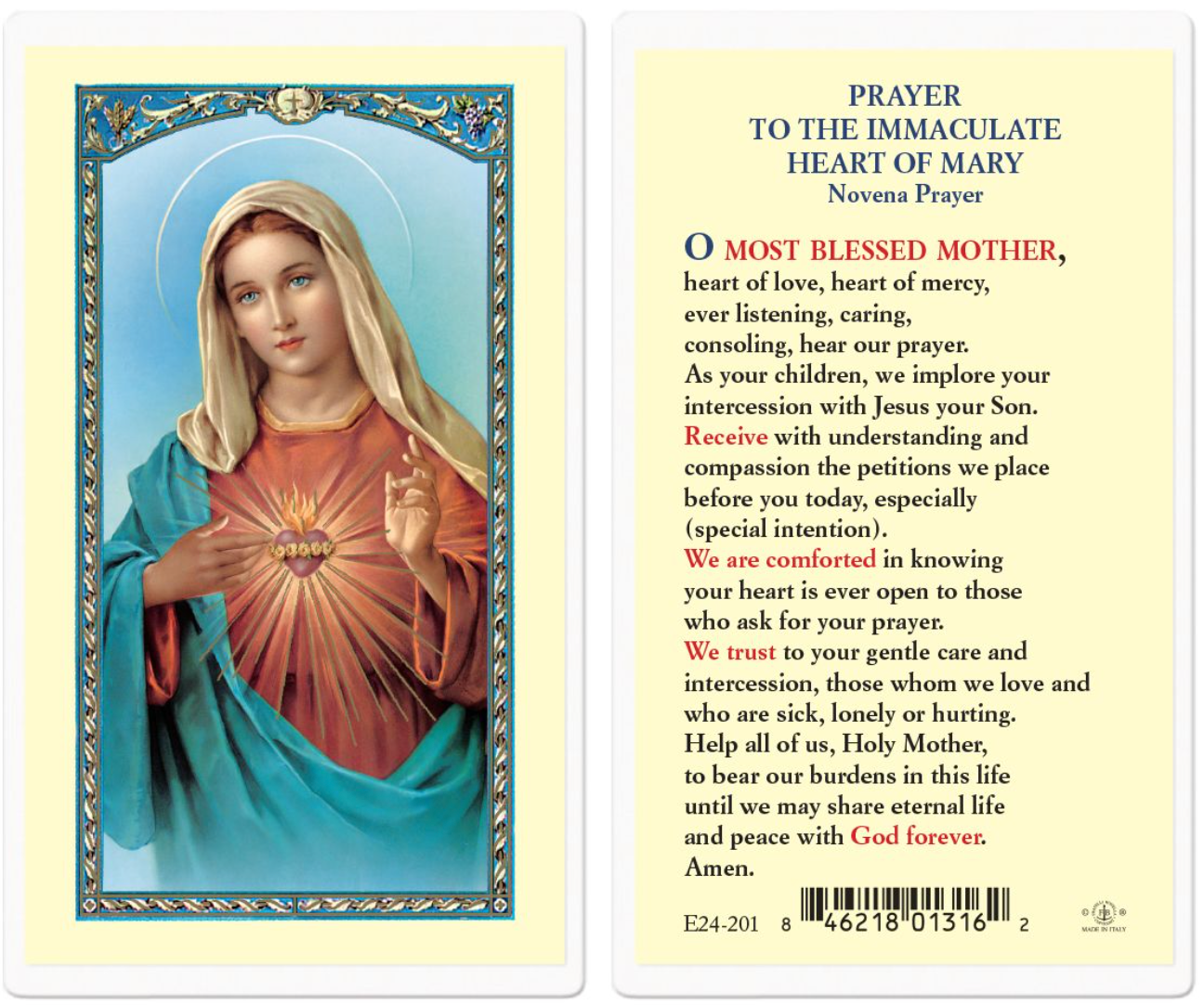 Novena Prayer to the Immaculate Heart of Mary Holy Card