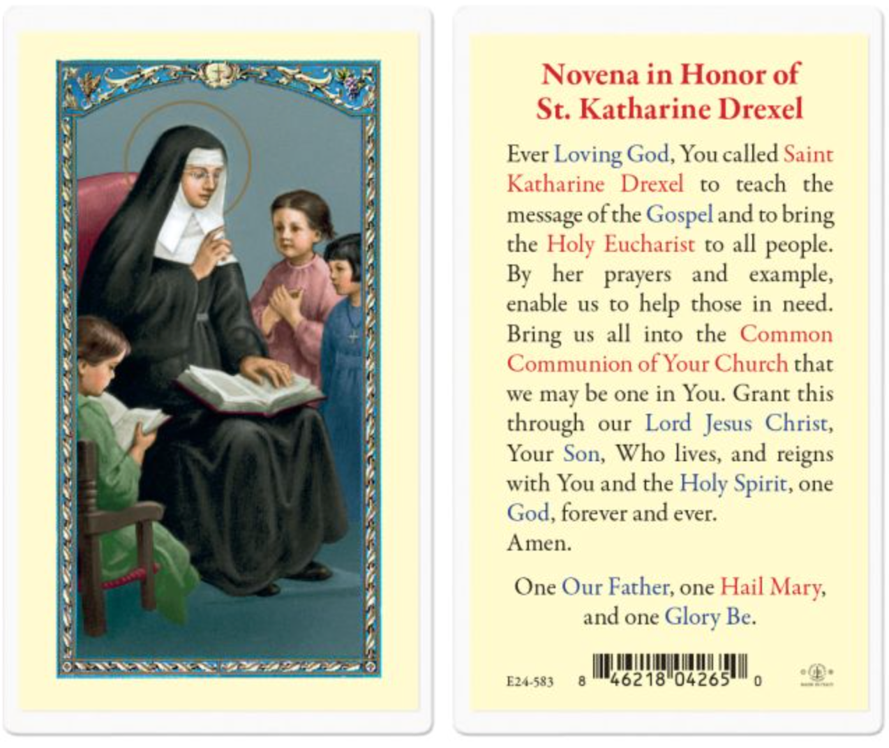 Prayer card honoring St. Katharine Drexel with an illustration of a nun and children.