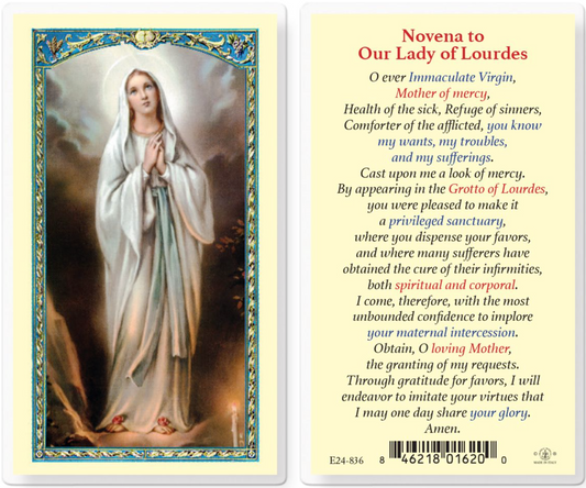 Prayer card with image of a religious figure and text on a light yellow background