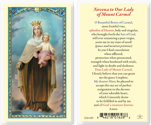 Prayer card with image of a religious figure and text on Mount Carmel