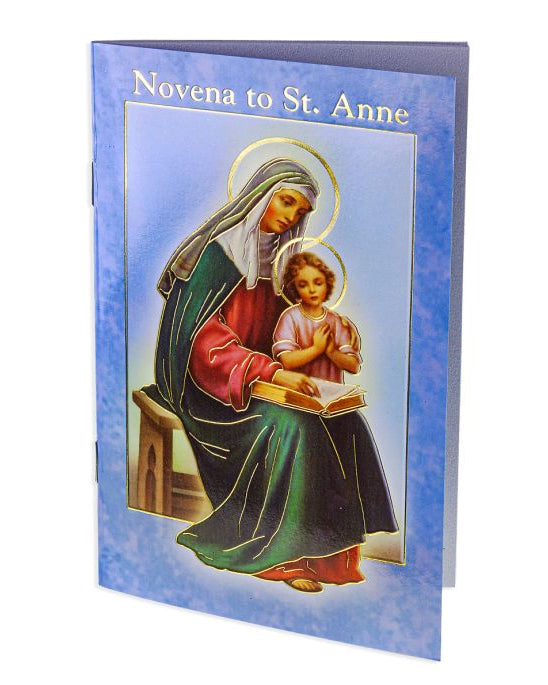 Card with illustration of a woman holding a child and text 'Novena to St. Anne' on a blue background