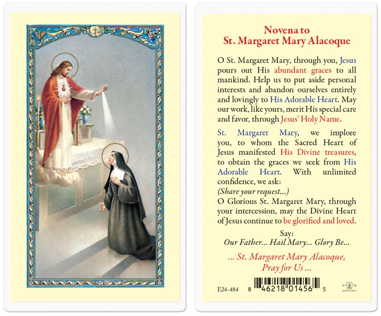 Prayer card featuring an illustration of a nun kneeling before a saintly figure with text on the back.