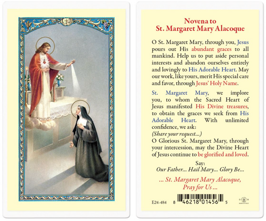 Prayer card featuring an illustration of a nun kneeling before a saintly figure with text on the back.