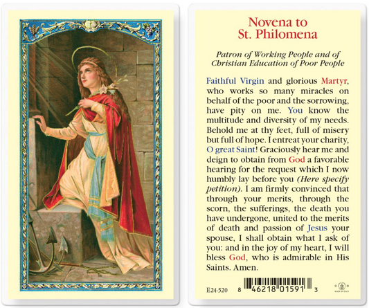 Prayer card with illustration of a saint and text on a white background