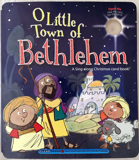 Book cover of 'O Little Town of Bethlehem' with cartoon characters and nativity scene illustration.