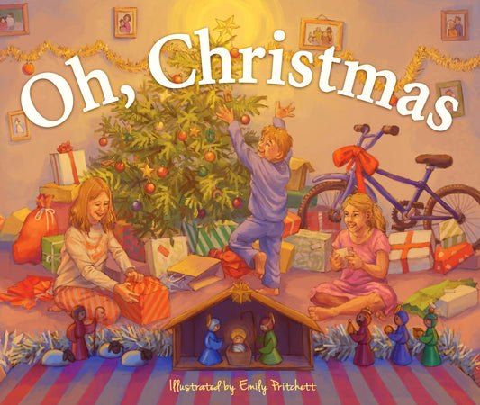 Illustrated book cover of 'Oh, Christmas' with children around a Christmas tree and presents.