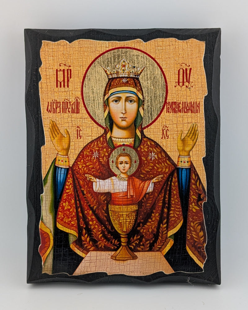 Orthodox Icon of a religious figure holding a child, framed on a white background