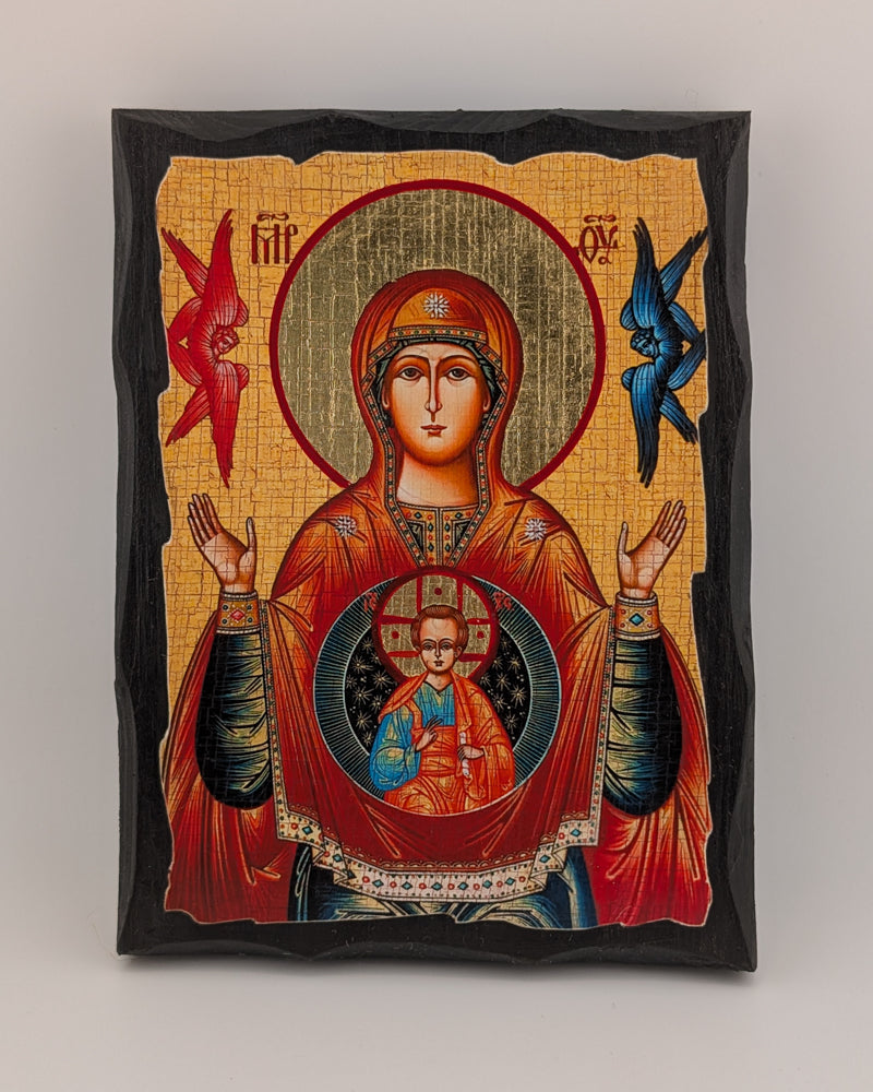 Decorative icon with religious design on a beige background
