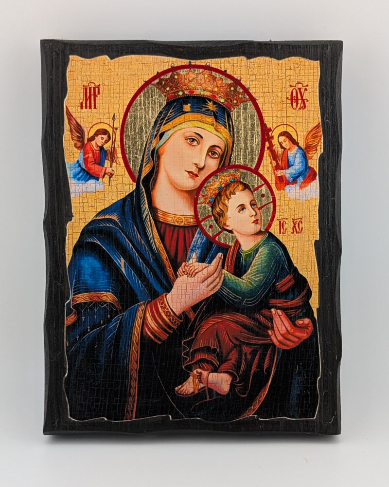 Icon of a religious figure holding a child against a white background