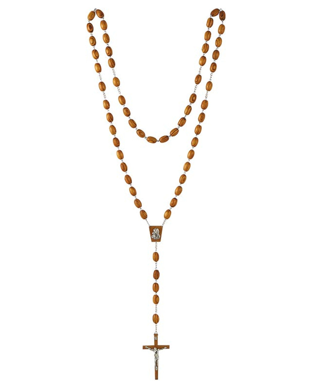 A wall rosary with olive wood finish beads, a zinc alloy Madonna and Child centerpiece, and a traditional crucifix.