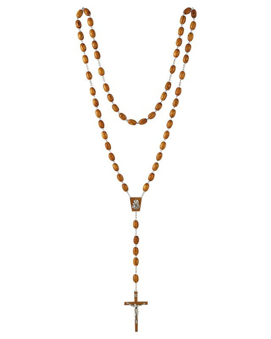 A wall rosary with olive wood finish beads, a zinc alloy Madonna and Child centerpiece, and a traditional crucifix.
