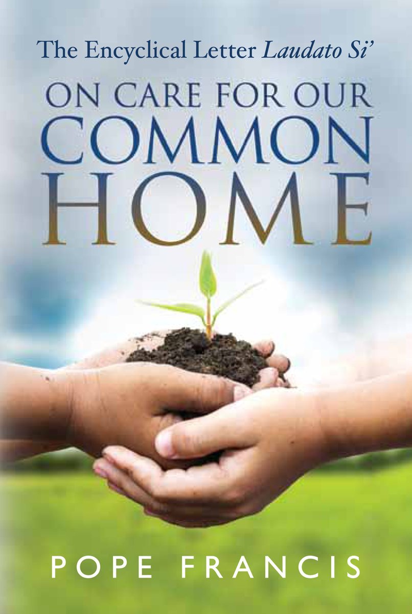 Book cover of 'On Care for Our Common Home' by Pope Francis with hands holding soil and a plant.