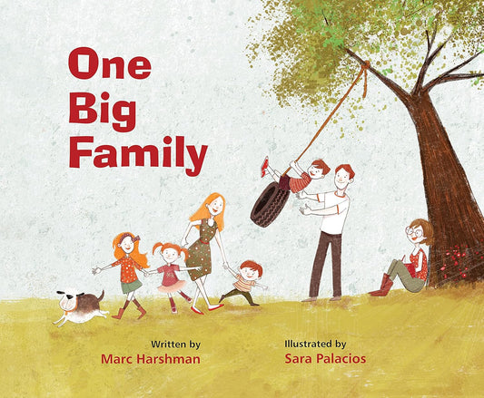 Book cover of 'One Big Family' with illustrations of a family under a tree.