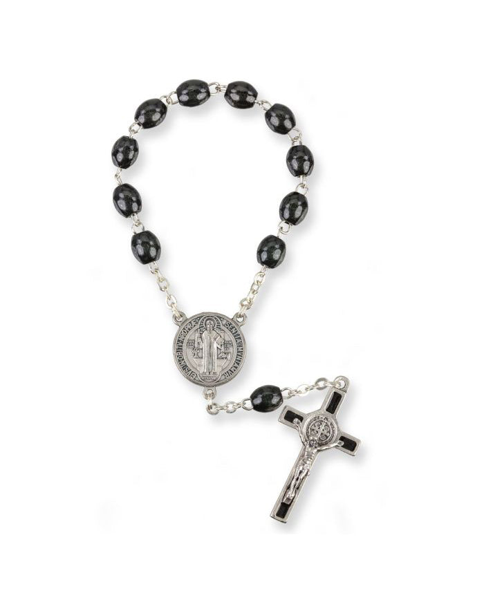 One Decade Oval Black Wooden St. Benedict Auto Rosary