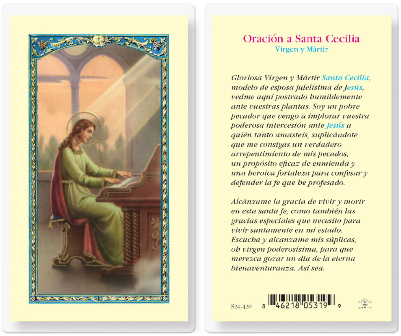 Prayer card with an illustration of a woman writing at a desk and text on the back.