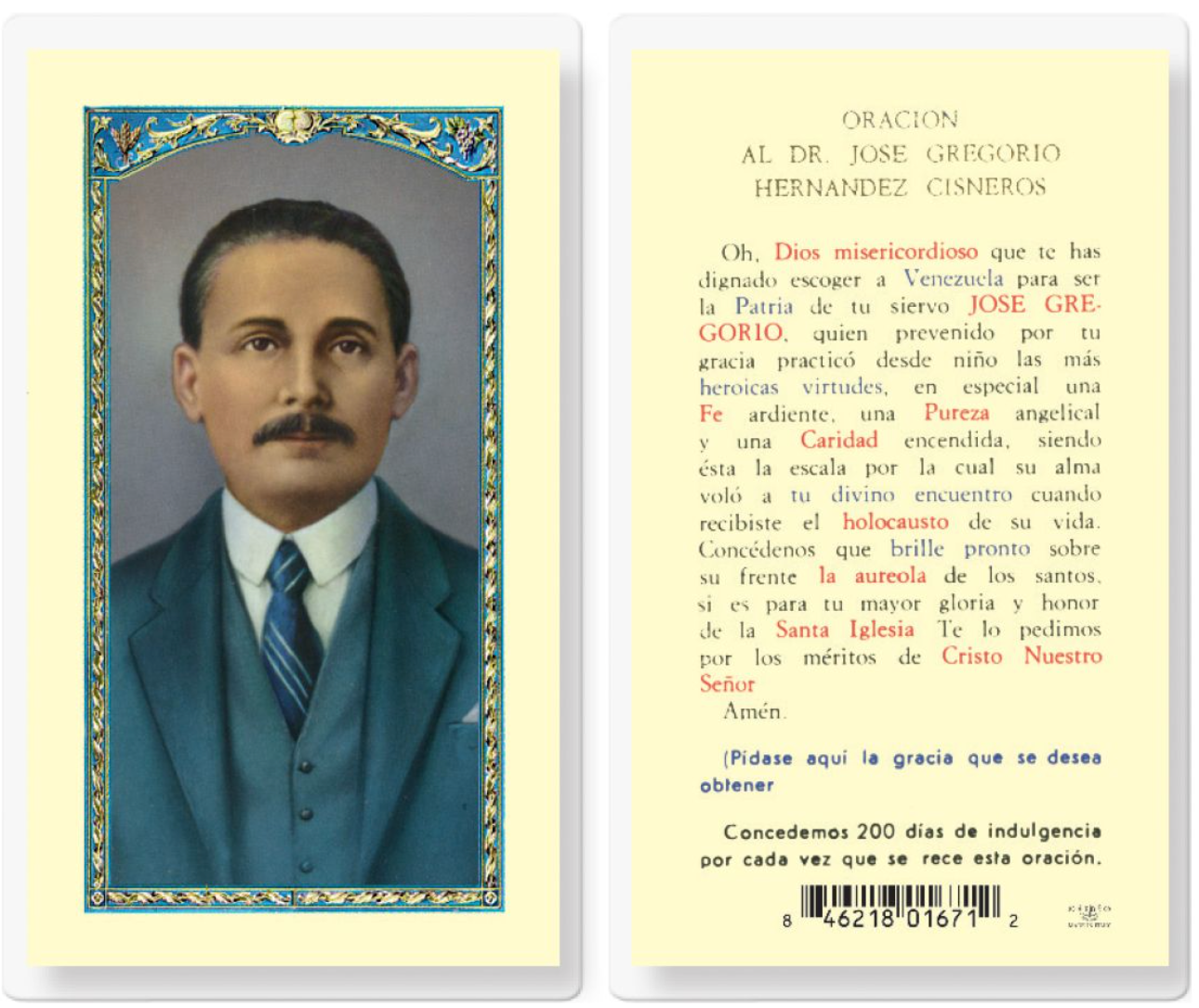 Vintage-style prayer card with a portrait of a man and text on a yellow background