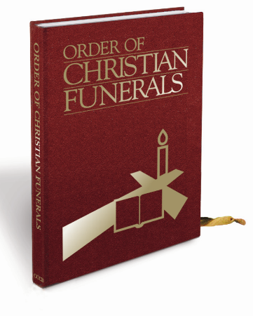 Red book titled 'Order of Christian Funerals' with a gold emblem on a white background