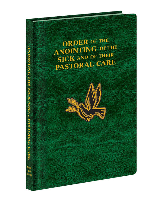Green book with gold text and a dove emblem on a white background