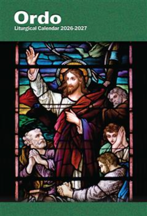 Ordo Liturgical Calendar 2026-2027 with stained glass design of Jesus and disciples on a green background