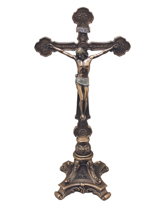 Ornate Bronze-Painted Standing Crucifix 13"