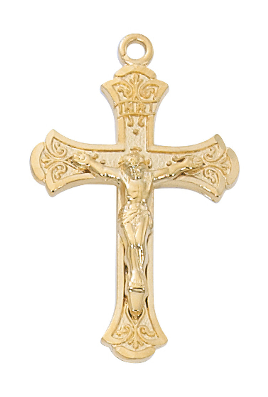 A gold over sterling silver crucifix pendant on a gold-tone brass chain.