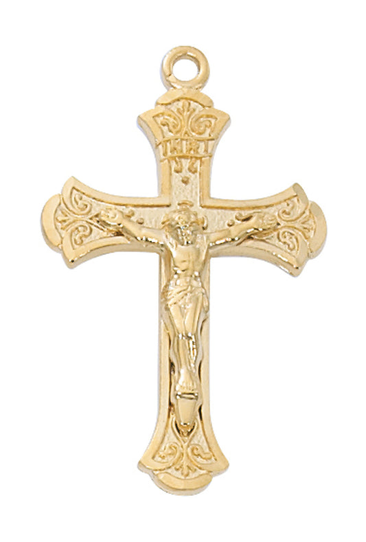 A gold over sterling silver crucifix pendant on a gold-tone brass chain.