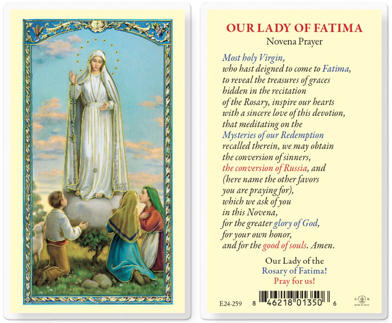 Prayer card featuring Our Lady of Fatima with a depiction of the event and a prayer text.