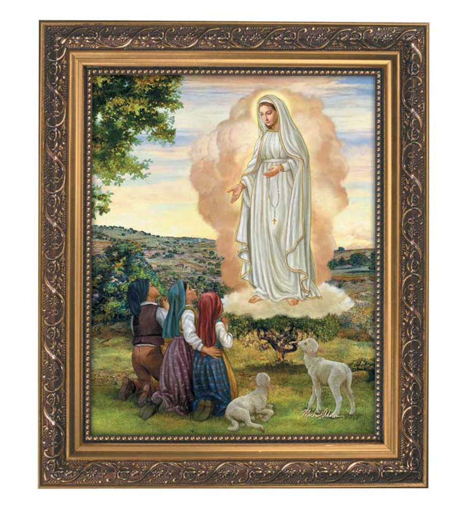 A framed print of Our Lady of Fatima with an ornate gold frame.