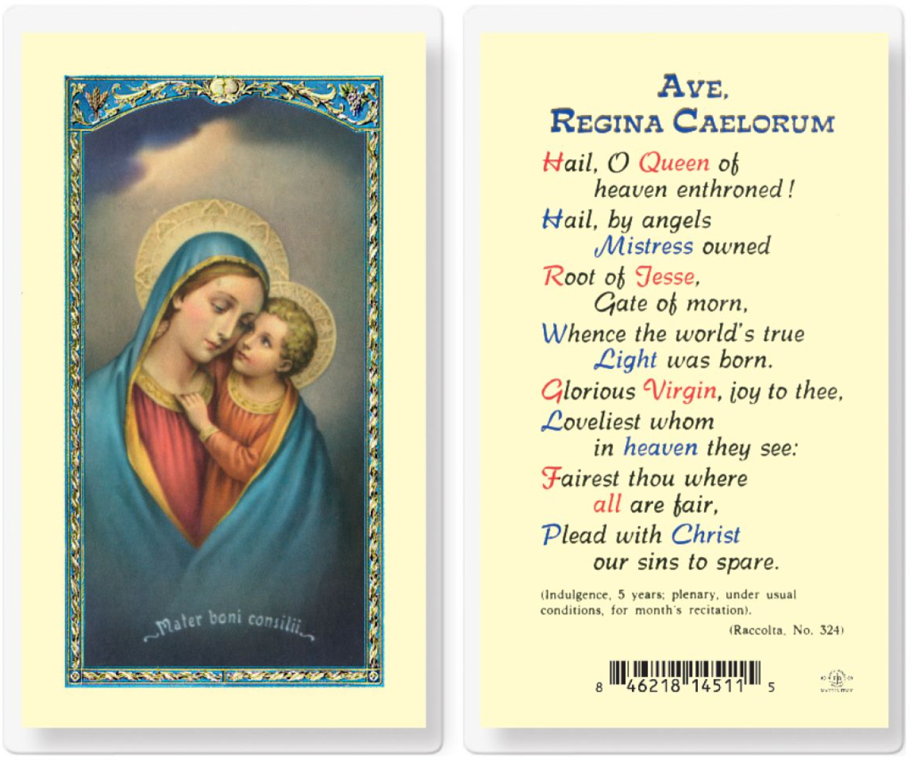 Devotional card with image of Virgin Mary holding child and prayer text on a yellow background