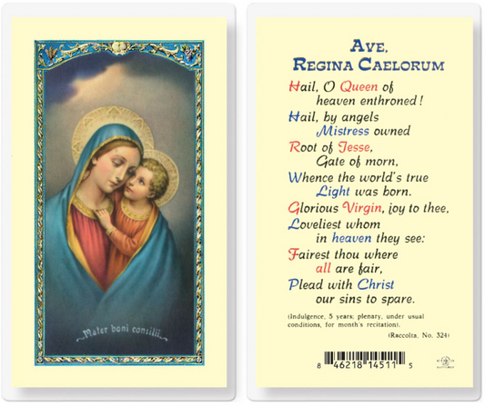 Devotional card with image of Virgin Mary holding child and prayer text on a yellow background