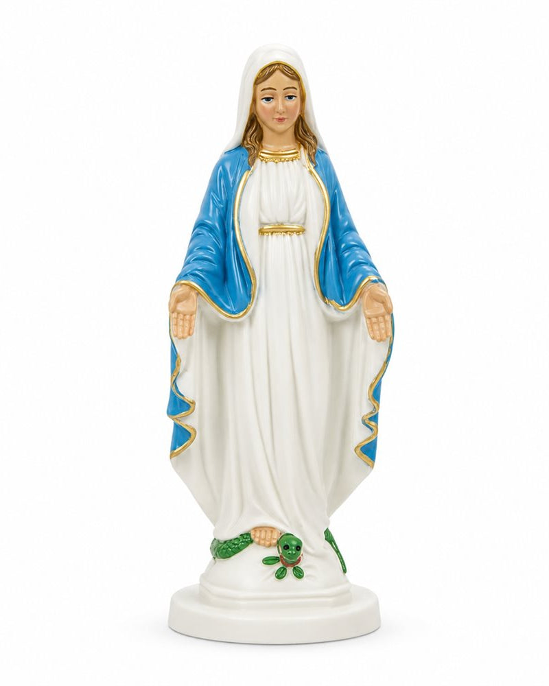 Statue of a religious figure with blue and gold robe on a white background