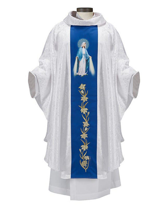 A white satin chasuble with a blue orphrey featuring a digitally-printed depiction of Our Lady of Grace with embroidered lilies and gold accents on a royal blue satin background, displayed on a mannequin.