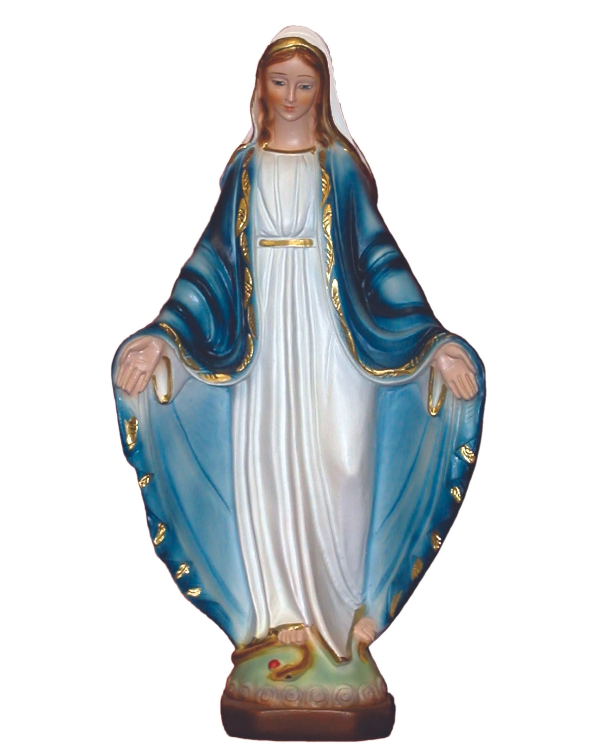 Statue of a religious figure with blue and white robes on a white background