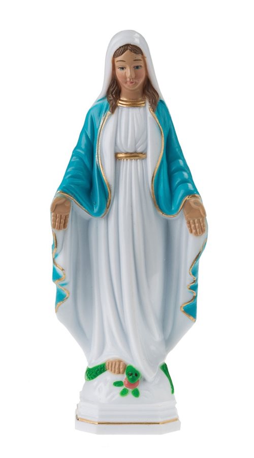 Statue of a religious figure in a blue and white robe on a white background