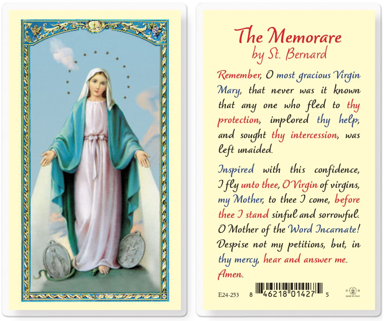 Prayer card with image of Virgin Mary and text 'The Memorare by St. Bernard' on a white background
